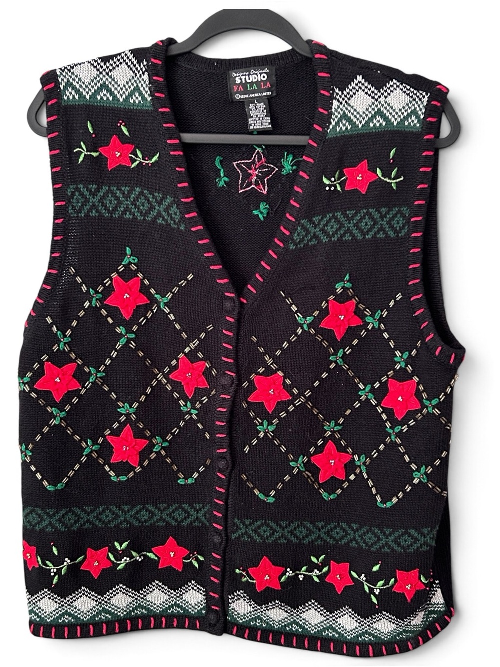 Designers Originals Studio Fa La La Holiday Poinsettia Holly Sweater Vest Size L